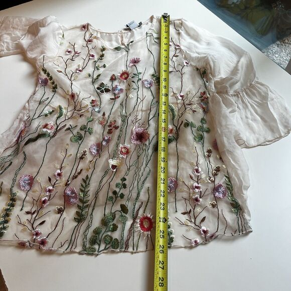Moda Seta Italy Sheer Embroidered Blouse Sz Xl Fits Like An M Floral Fairy Cute - Picture 9 of 9